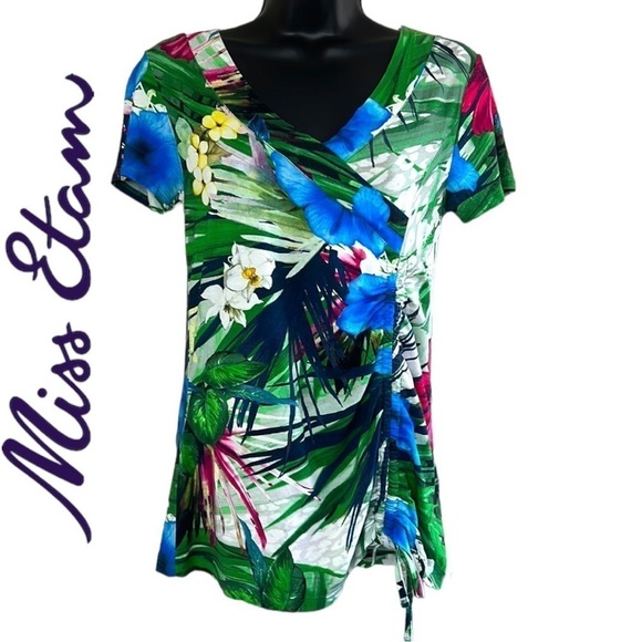 Miss Etam Women’s Blue/Green Floral Print Side Ruched Top Size S - Picture 1 of 15